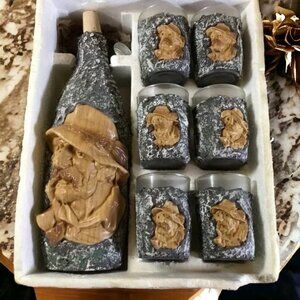 Vintage Old Man Decorated Over Bottle and 6 shot glasses